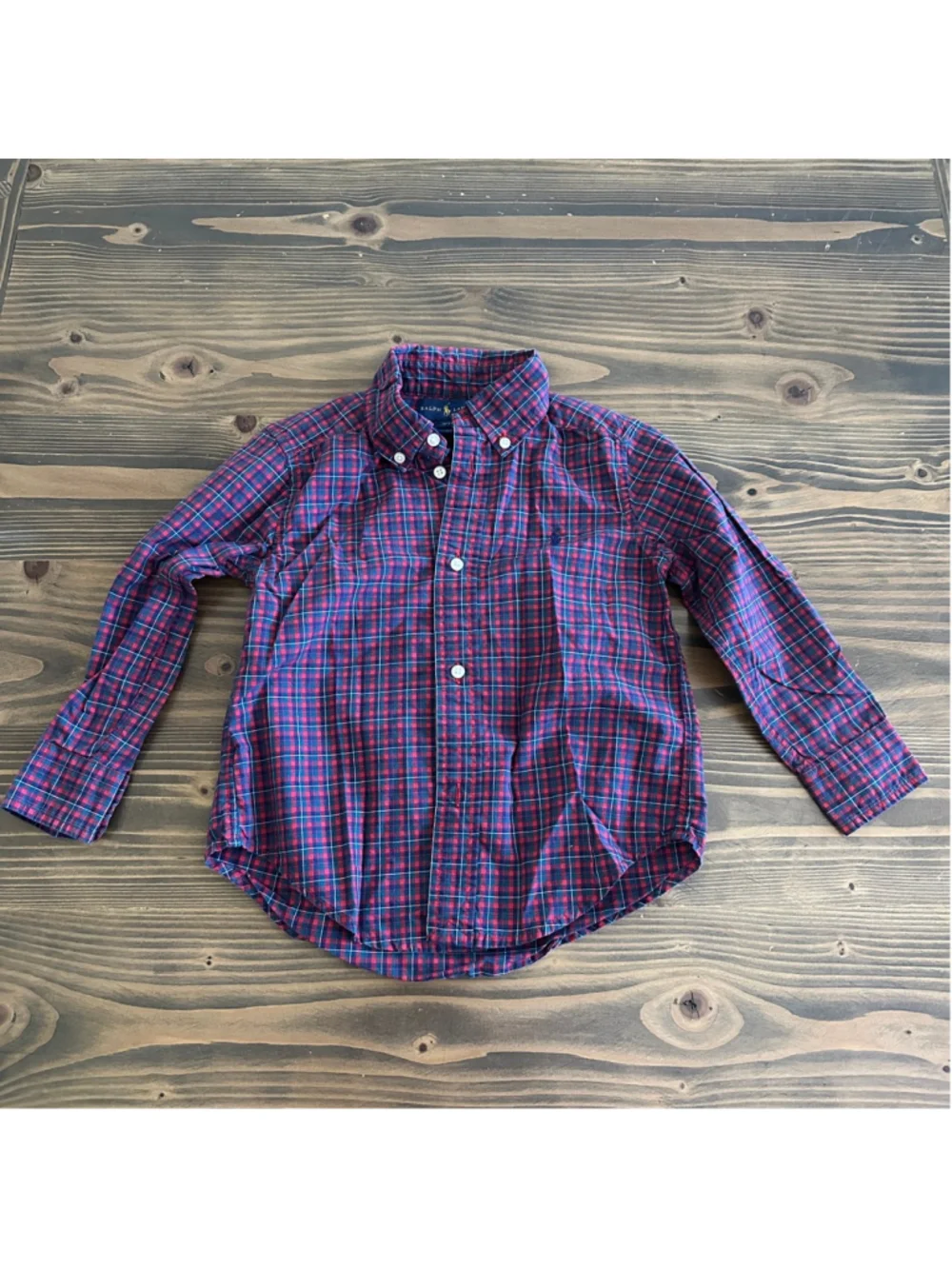 Ralph Lauren Boys Plaid Button Down Shirt 3T Red Blue Pony Logo